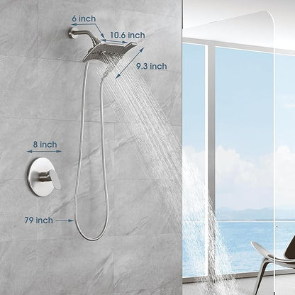 BRIGHT SHOWERS Dual Shower Head System with Handheld and Rainfall Shower, Shower Faucet Set with Valve and Trim Kit, Includes 79-Inch Stainless Steel Hose, Brushed Nickel