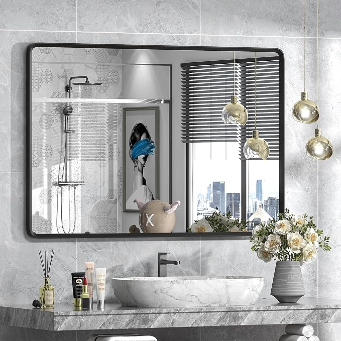 48x32 Black Bathroom Mirror for Wall | Matte Black Metal Frame, Rectangle Bathroom Vanity Mirror, Rounded Corner, Anti-Rust, Shatterproof (Horizontal/Vertical)