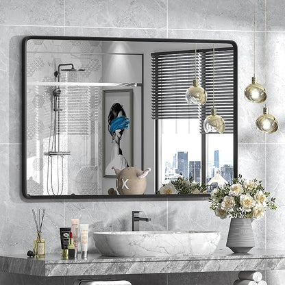 48x32 Black Bathroom Mirror for Wall | Matte Black Metal Frame, Rectangle Bathroom Vanity Mirror, Rounded Corner, Anti-Rust, Shatterproof (Horizontal/Vertical)