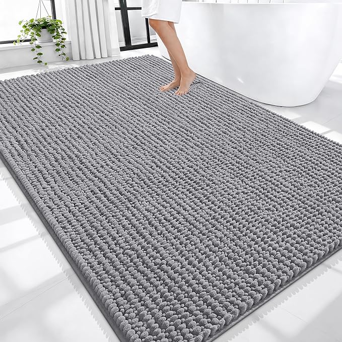OLANLY Thick Chenille Large Bathroom Rugs 70x46, Absorbent Bath Mat, Grey | Soft Bath Rugs, Rubber Backing, Machine Wash Dry, Bath Mats for Bathroom, Tub and Shower, Home Decor Accessories