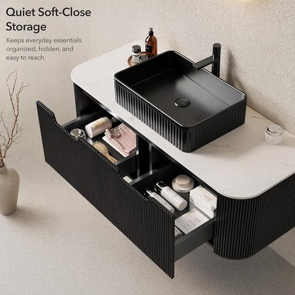 48 Inch Bathroom Vanity with Sink, Floating Wall Mounted Single Sink Vanity, Black Curved Fluted Front, Stone Top, Black Textured Rectangular Vessel Basin, Pre-Assembled