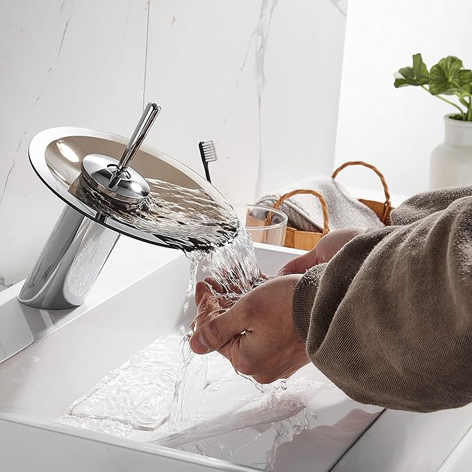 Waterfall Bathroom Sink Faucet Unique Brass Modern Circle Brown Glass Waterfall Faucet for Vanity Single Hole Pedestal Sink Faucets One Handle Corner Sink Bathroom Faucet, olished Chrome