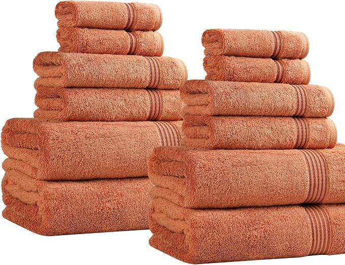 SUPERIOR Egyptian Cotton 12-Piece Towel Set, Assorted Towels for Home Bathroom, Master Bath, Decor Essentials, Includes 4 Bath, 4 Hand, 4 Face Towels/Washcloths, Quick Dry, Absorbent, Caramel Brown