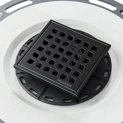 Neodrain 4" Low Profile Square Shower Drain Kit, Matte Black | 304 Stainless Steel, Removable Grate/Drainage Key, PVC Bonding Flange Base with Fabric, For Low Profile Shower Pan