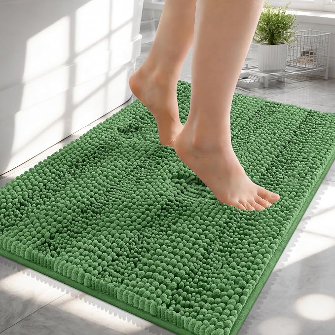 OLANLY Thick Small Bathroom Rugs 24x16, Chenille Bath Rugs, Olive Green | Rubber Backing, Machine Wash, Extra Absorbent Striped Bath Mats for Bathroom Floor, Tub and Shower, Home Decor Accessories
