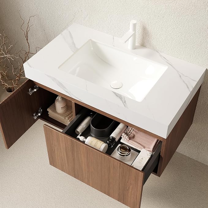 KEIKI 36 Inch Floating Bathroom Vanity with Sink, Brown Oak & White | Modern Wall Mounted Storage Cabinet w/ Drawer & Door, Pre-assembled Wood Panels, Sintered Stone Top & Ceramic Basin Combo Set