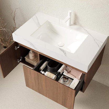 KEIKI 36 Inch Floating Bathroom Vanity with Sink, Brown Oak & White | Modern Wall Mounted Storage Cabinet w/ Drawer & Door, Pre-assembled Wood Panels, Sintered Stone Top & Ceramic Basin Combo Set