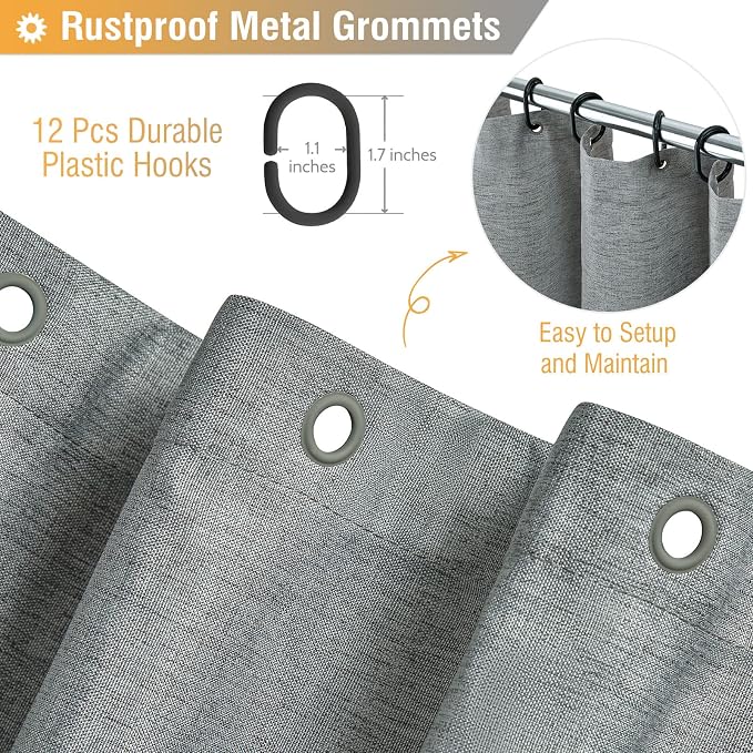 Grey Linen Textured Waterproof Fabric Shower Curtain Set, 72x72, Gray | 230GSM Polyester, Heavy Duty Cloth, Weighted Hem, 12 Plastic Hooks, Modern Hotel Style, Machine Washable, Bathroom Decor