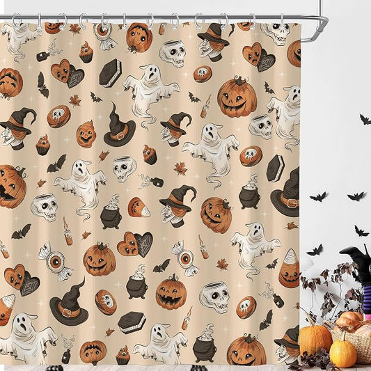 Halloween Cute Skull Ghost Shower Curtain for Bathroom 72W*72H Inch Gothic Witch Scary Magic Horror Pumpkin Bathtub Alchemy Witchcraft Decor Waterproof Polyester Fabric Set with 12 Hooks