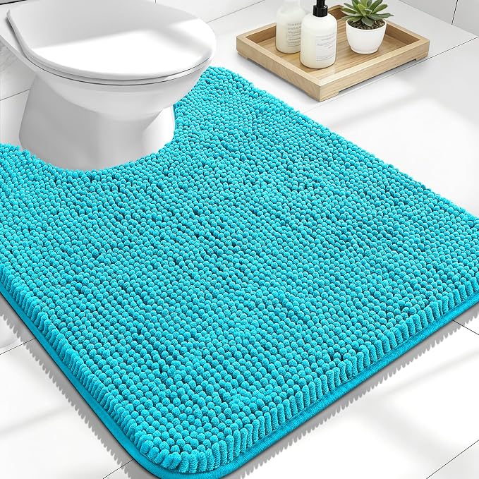 OLANLY Toilet Rugs U-Shaped 24x20, Soft Absorbent Chenille Contour Rugs | Aqua Sky, Quick-Drying Rubber Backing, Machine Washable Non-Slip Shaggy Bathroom Mat for Toilet, Home Decor Accessories