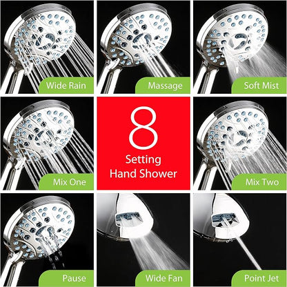 AquaCare 50-mode High Pressure 7 inch Shower Head Combo w/Dual Power Wash | Hygienic Jets, 2-mode Handheld Power Wash for Tub, Tile & Pets, Long 6 ft. Stainless Steel Hose, Extra Wall Bracket / Chrome