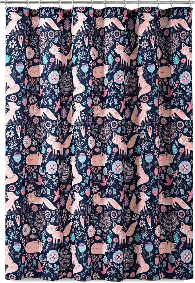 Lush Decor Pixie Fox Shower Curtain, 72" W x 72" L, Navy & Pink - Pink Shower Curtain - Fun Kids Floral & Animal Bathroom Decor
