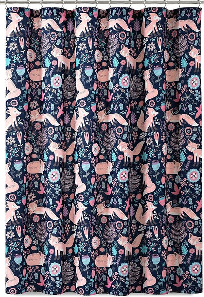 Lush Decor Pixie Fox Shower Curtain, 72" W x 72" L, Navy & Pink - Pink Shower Curtain - Fun Kids Floral & Animal Bathroom Decor
