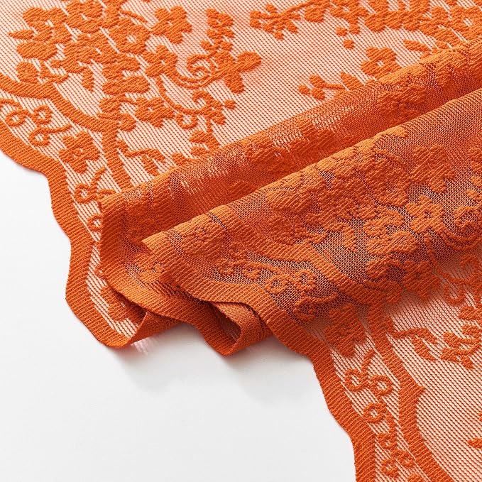 TUDECO Long Orange Shower Curtain with Attached Valance, 72W x 84L Inch | Autumn Bathroom Decor, Terracotta Floral Lace, Boho Farmhouse Charm, Brightens Space, Scalloped Edges, Reinforced Holes