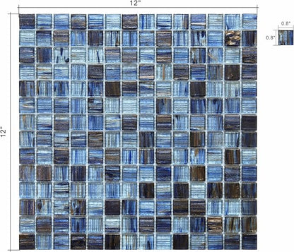 Mesh-Mounted Glass Mosaic Tile Backsplash, 12” x 12” Mixed Blue Wall Glass Backsplash Tile for Kitchen Bathroom Swimming Pool (8 Sheets, 8 sq.ft)