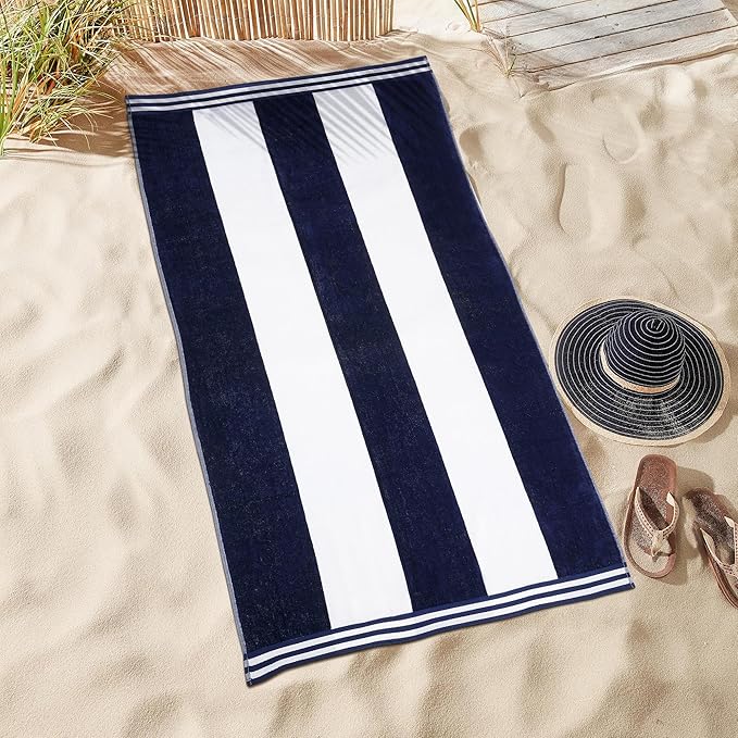 Superior Cotton Nautical Stripe Beach Towels, Colorful Towels for Adult, Kid, Pool, Swimming, Sand, Travel, Large Oversized, Absorbent, Fast Drying, Bath Basics, Cabana Collection, 1 Piece, Blue