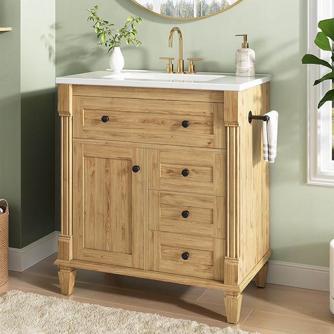 LIKIMIO 30 Inch Bathroom Vanity with Sink, Towel Holder & Adjustable Solid Wood Legs for Uneven Floor, Modern Bathroom Storage Cabinet with Tip-Out Drawer, 2 Drawers & Adjustable Shelf, Nature