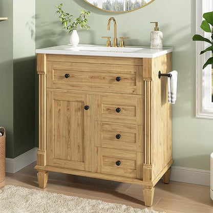 LIKIMIO 30 Inch Bathroom Vanity with Sink, Towel Holder & Adjustable Solid Wood Legs for Uneven Floor, Modern Bathroom Storage Cabinet with Tip-Out Drawer, 2 Drawers & Adjustable Shelf, Nature
