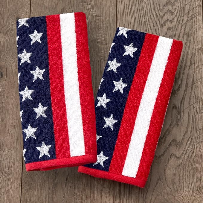 SKL Home American Flag Hand Towel Set-2pc, 100% Cotton, Reversible, Multi | Fun for Memorial Day, 4th of July, Labor Day & all patriotic holidays. For use in the bathroom, kitchen or bar.