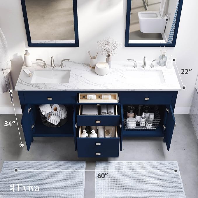 Artemis 60 in. Blue Double Sink Bath Vanity with Engineered Top and Undermount Porcelain Sinks