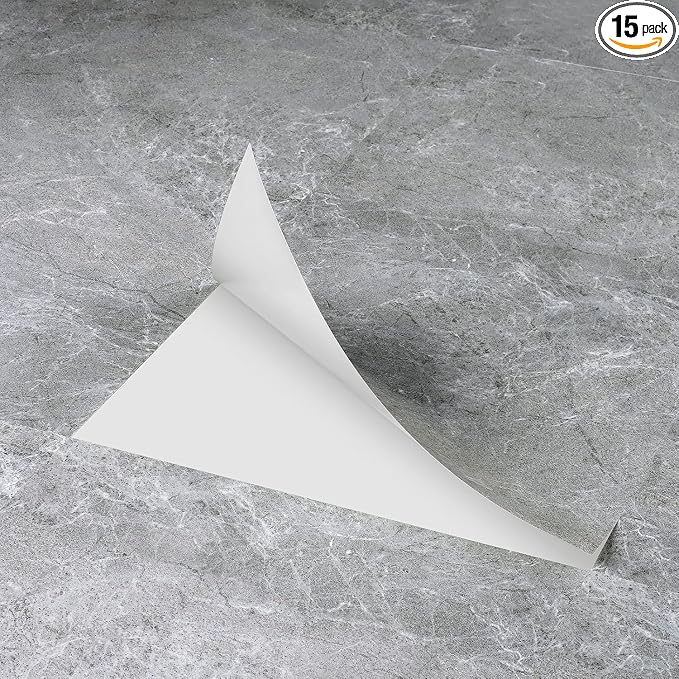 FunStick 15 Pcs 12"x24" Flooring Tile Peel and Stick Floor Tile Waterproof Grey Marble Vinyl Flooring for Bathroom Peel and Stick Wall Tiles Renter Friendly Floor Stickers for Kitchen Bedroom Flooring