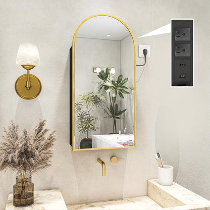 FKWin Medicine Cabinet Mirror with Power Outlet, Surface Mount, 20x34 Inch | Built-in Power Outlet, Adjustable Bathroom Storage, Reversible Left or Right Door, Surface Mount Design, Gold