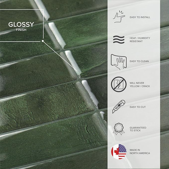 Smart Tiles Peel and Stick backsplash, Stacked Forest Green, 11.43"x9" | Pack of 5 (3.5 sq ft), Glossy, Heat/Moisture Resistant, Low VOC, Kitchen/Bathroom, Renter Friendly, Made in Canada