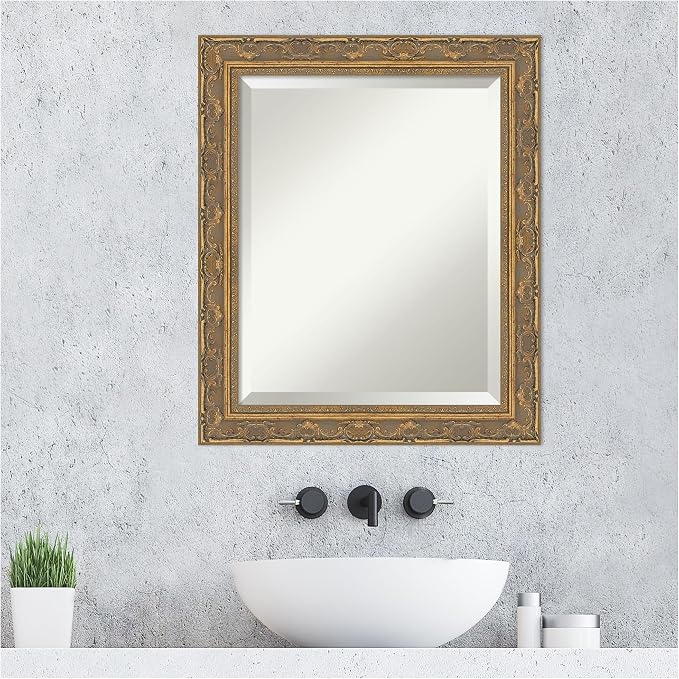 Amanti Art Gold Bathroom Mirror for Over Sink, 24x20 Filigree Gold Rectangle Vanity Mirror, Small Traditional Frame, Hangs Horizonally and Vertically, Bathroom Wall Decor, Beveled Edge