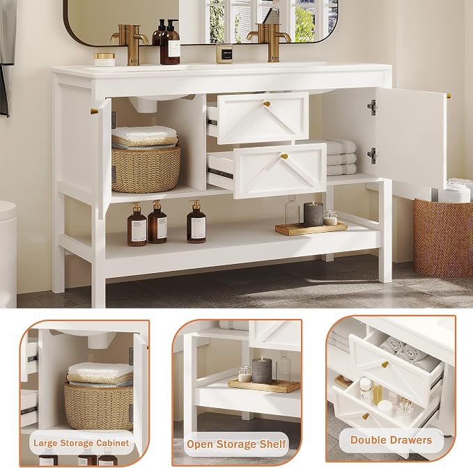 Bathroom Vanity with Double Sink Set, 48 Inch Pedestal Sink Storage Cabinet with 2 Drawers & 2 Doors, Mid-Century Modern Bathroom Vanity with Open Bottom Shelf, White