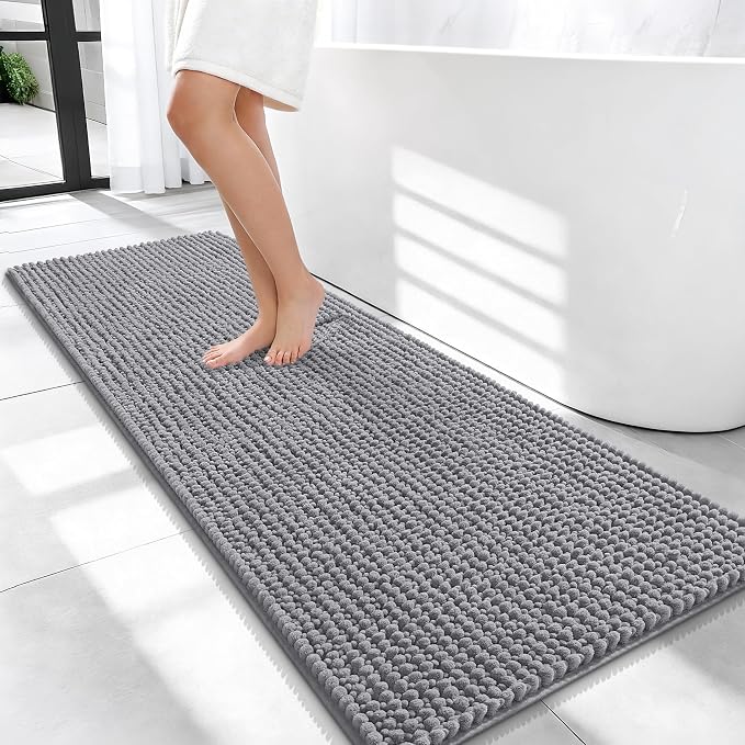 OLANLY Thick Chenille Bathroom Runner Rugs 47x20, Absorbent Bath Mat, Grey | Soft Bath Rugs, Rubber Backing, Machine Wash Dry, Bath Mats for Bathroom, Tub and Shower, Home Decor Accessories