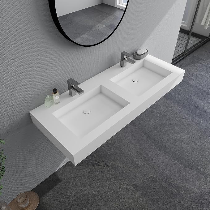 SJ STAR&JANE 48" x 19" Solid Surface Bathroom Sink, Wall Mounted Vessel Sink, Stone Resin Countertop With Double Bowl in Matte White Rectangle Double Floating Vanity Sink Durable Modern Design