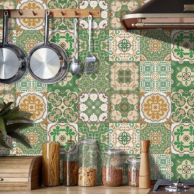 6X6 in Green Mandala Tile Stickers,12Pcs Wall Tile Decals | 1.6mm-Thick Foam+PE Tiles,Self Adhesive Backsplash Tile,Waterproof Removable Wall Decor for Kitchen,Bathroom