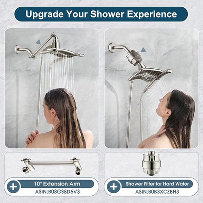 BRIGHT SHOWERS High Pressure Shower Head Combo with Two Spray Setting Fixed Shower Head and Two Spray Settings Handheld Shower Head with Grey Face, Brushed Nickel