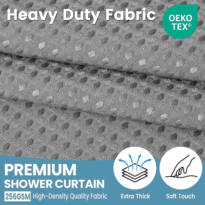 EUTXL Heavyweight No Hook Shower Curtain with Liner, Grey, 48x74 | Snap in Liner, Thick Waffle Fabric, Hotel Quality, Corner Magnets, Waterproof & Washable