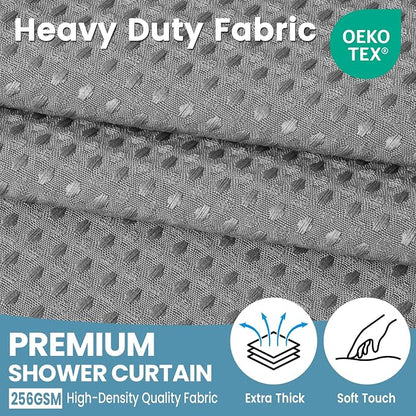 EUTXL Heavyweight No Hook Shower Curtain with Liner, Grey, 48x74 | Snap in Liner, Thick Waffle Fabric, Hotel Quality, Corner Magnets, Waterproof & Washable