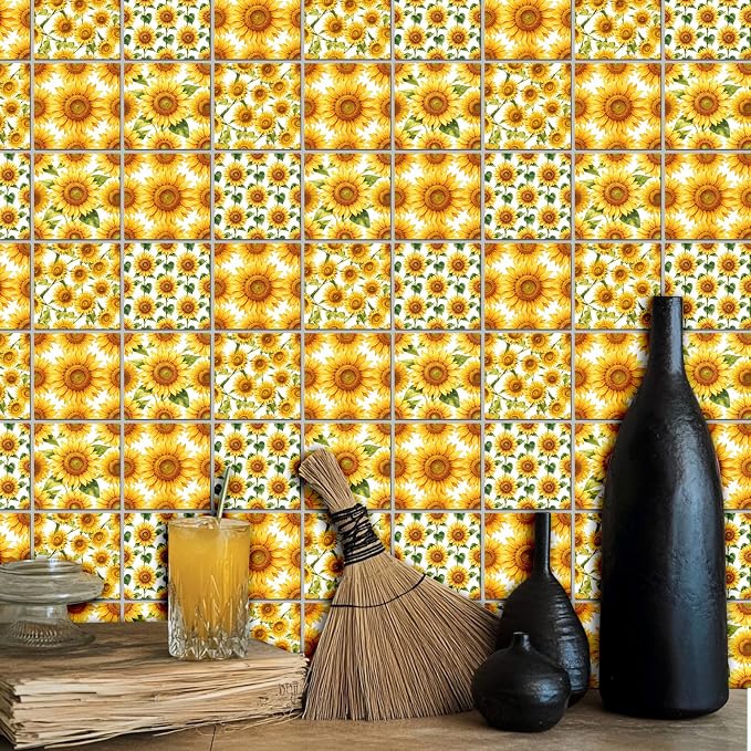 36pcs 4 Styles Sunflower Tile Stickers Yellow Pattern Waterproof PVC Tile Decals for Kitchen Bathroom 4x4 inch