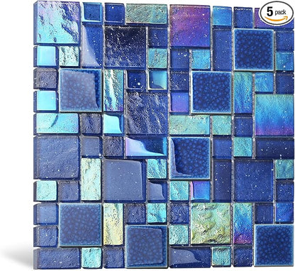 Blue Glass Mosaic Tiles French Pattern Square Mosaics Sheets Iridescent Cobalt Blue Crystal Glass Ceramic Accent Wall Tile for Swimming Pool Kitchen Bathroom Backsplash (5 Square Feet)