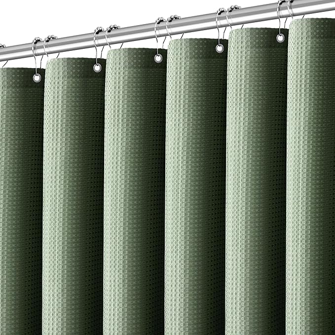 Sage Green Shower Curtain - Waffle Weave Fabric Heavy Duty for Bathroom, Water Repellent Weighted 256GSM Hotel Quality Machine Washable Bath Curtains with 12 Hooks, 72Wx72H