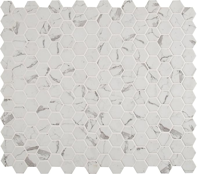 MSI Statuario Celano Hexagon Glass Tile for Kitchen Backsplash, Wall Tile for Bathroom, Accent Wall Tile, and Shower Wall Tile, 12.75 in. x 11.02 in. Mesh-Mounted Mosaic Tile, White