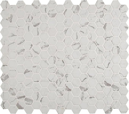 MSI Statuario Celano Hexagon Glass Tile for Kitchen Backsplash, Wall Tile for Bathroom, Accent Wall Tile, and Shower Wall Tile, 12.75 in. x 11.02 in. Mesh-Mounted Mosaic Tile, White