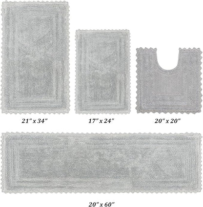 Better Trends 4 Piece Lilly Crochet Large Bath Mat Set 100% Cotton Soft Luxury Runner Bathroom Rug Reversible Absorbent Washable for Bathroom Floor Decor, Shower, Gray