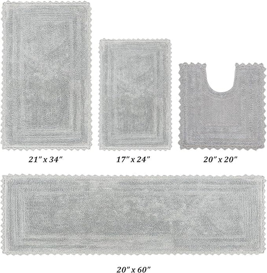 Better Trends 4 Piece Lilly Crochet Large Bath Mat Set 100% Cotton Soft Luxury Runner Bathroom Rug Reversible Absorbent Washable for Bathroom Floor Decor, Shower, Gray