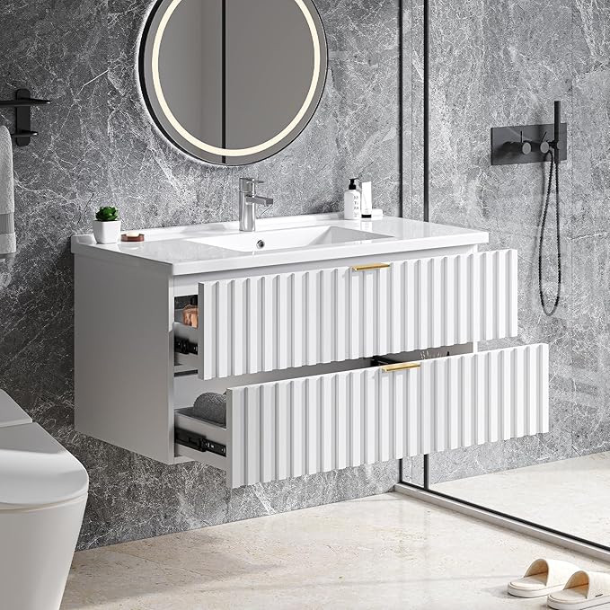 ONBRILL 36 Inch Bathroom Vanity with Sink Combo, Floating Bathroom Vanity with 2 Fluted Drawers & Metal Handle, Modern Wall Mount Storage Cabinet with Ceramic Integrated Sink for Small Space (White)