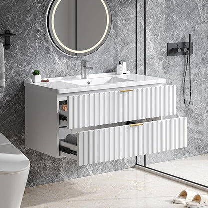 ONBRILL 36 Inch Bathroom Vanity with Sink Combo, Floating Bathroom Vanity with 2 Fluted Drawers & Metal Handle, Modern Wall Mount Storage Cabinet with Ceramic Integrated Sink for Small Space (White)