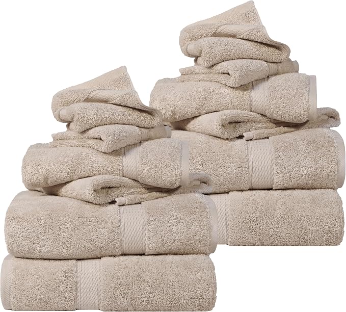 SUPERIOR Egyptian Cotton Ultra Plush & Absorbent, 12 Piece Set, Stone | Heavyweight 12 Pc Egyptian Cotton Towel Set Includes 4 Bath Towels 4 Hand Towels 4 Washcloths Decorative Rope Border