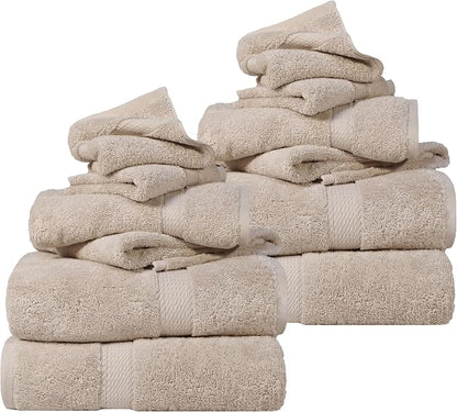 SUPERIOR Egyptian Cotton Ultra Plush & Absorbent, 12 Piece Set, Stone | Heavyweight 12 Pc Egyptian Cotton Towel Set Includes 4 Bath Towels 4 Hand Towels 4 Washcloths Decorative Rope Border