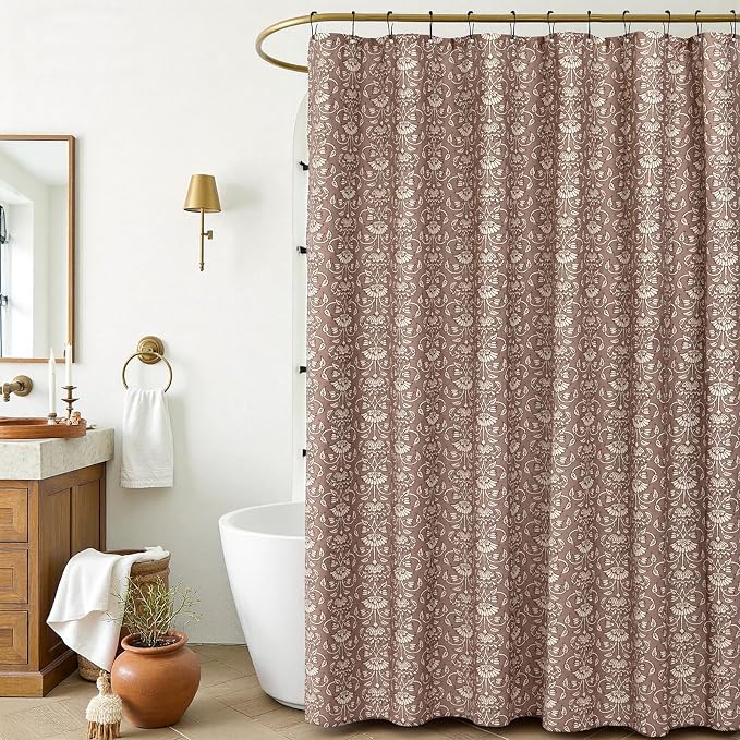 MUGINYU Camel Shower Curtain Vintage Floral Block Print - 72x72 Inches,Cotton Blend Cloth Fabric,Neutral Farmhouse Decorative French Country Bathroom Decor, Cottagecore Aesthetic Pattern