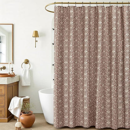 MUGINYU Camel Shower Curtain Vintage Floral Block Print - 72x72 Inches,Cotton Blend Cloth Fabric,Neutral Farmhouse Decorative French Country Bathroom Decor, Cottagecore Aesthetic Pattern