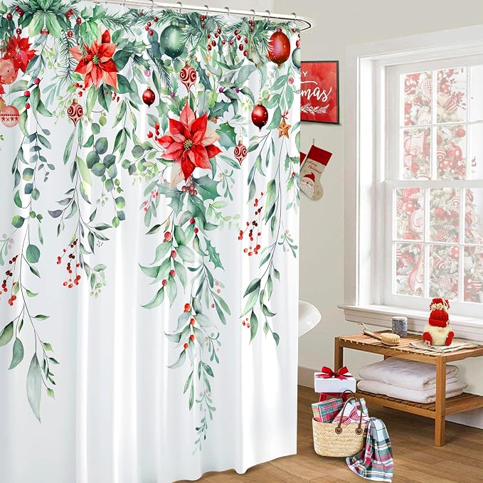 Christmas Shower Curtain Set Xmas Holly Shower Curtains Waterproof Fabric Bath Curtains with 12 Hooks for Winter Christmas Holiday Home Bathroom Decor, 72 x 72 Inches