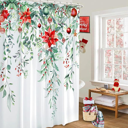 Christmas Shower Curtain Set Xmas Holly Shower Curtains Waterproof Fabric Bath Curtains with 12 Hooks for Winter Christmas Holiday Home Bathroom Decor, 72 x 72 Inches